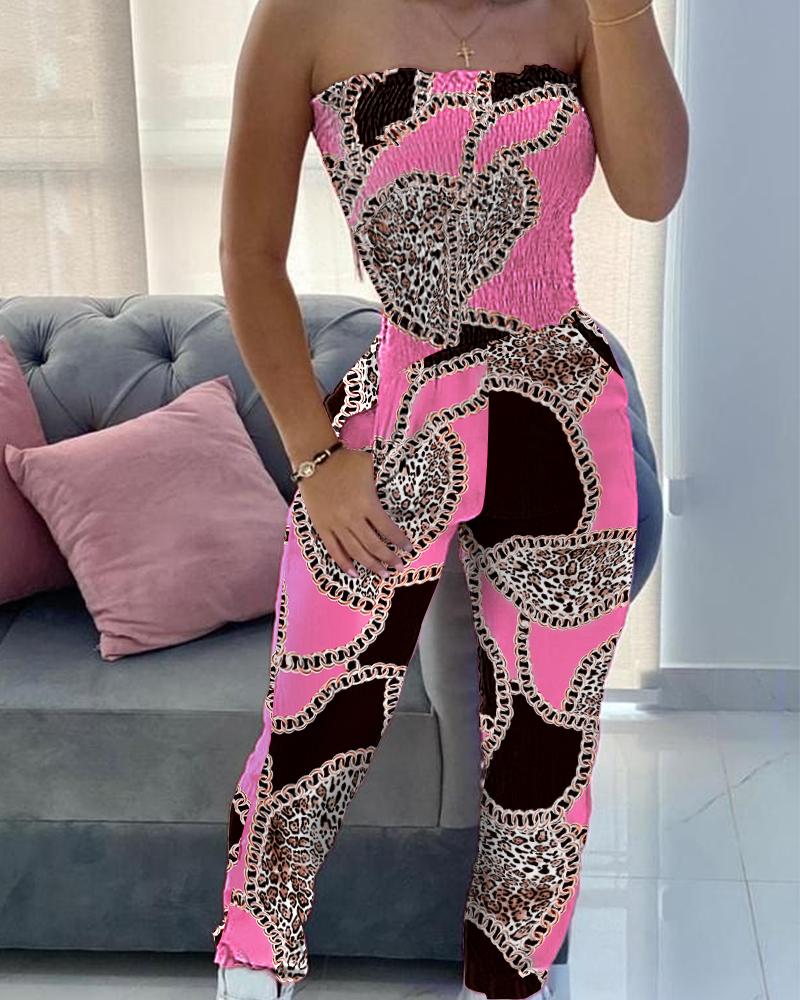 

Chain Print Frill Trim Shirred Bodice Tube Jumpsuit, Hot pink