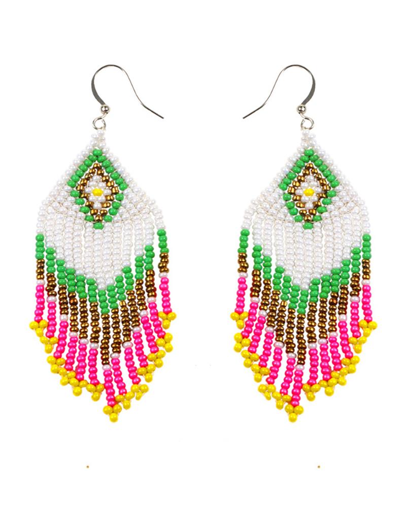 

1Pair Clan Colorful Beaded Geometric Pattern Hoop Earrings, Style3
