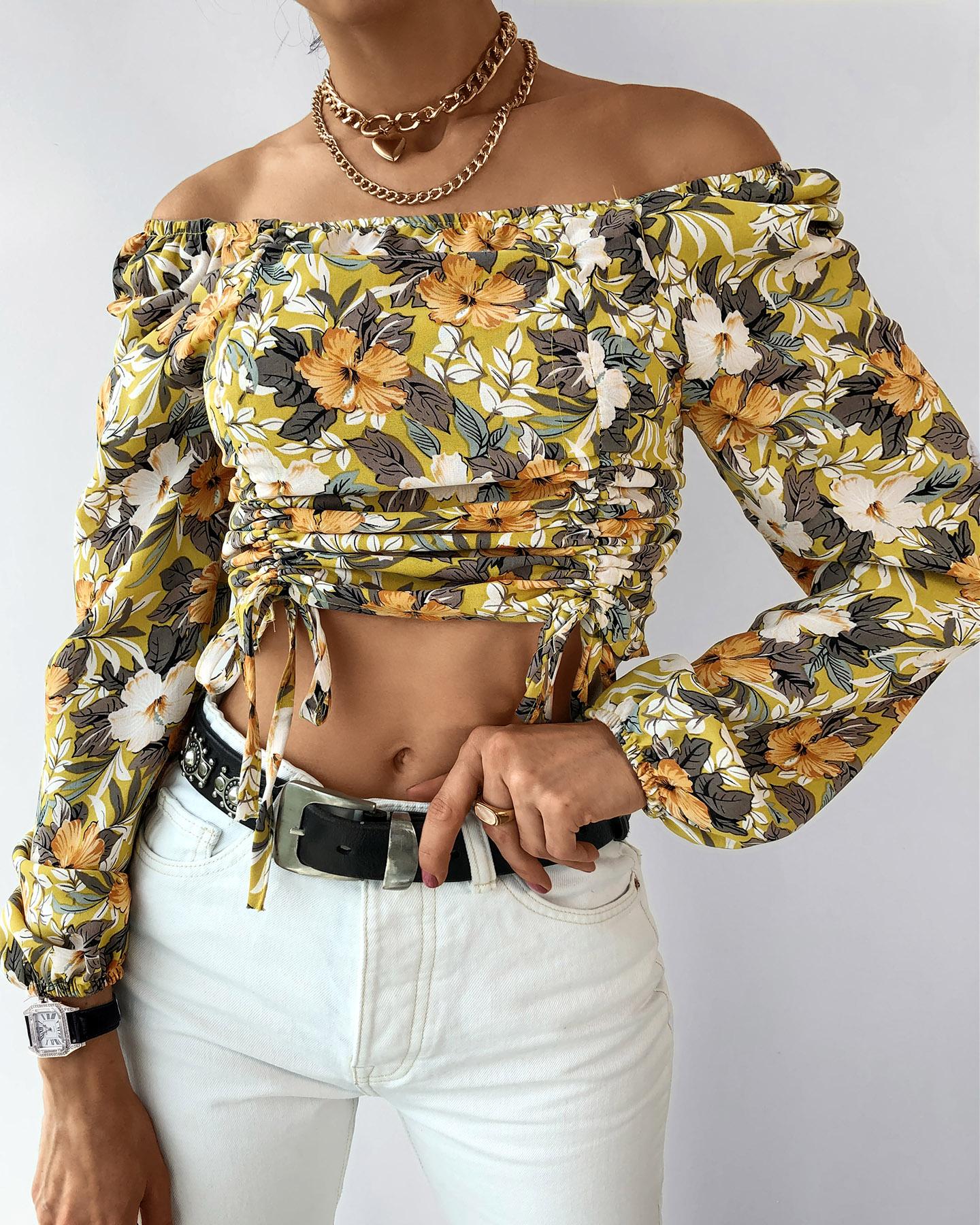 

Off Shoulder Floral Print Ruched Top, Yellow