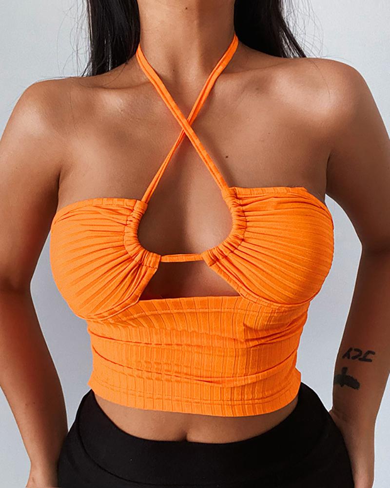 

Halter Cutout Ruched Backless Crop Top, Orange