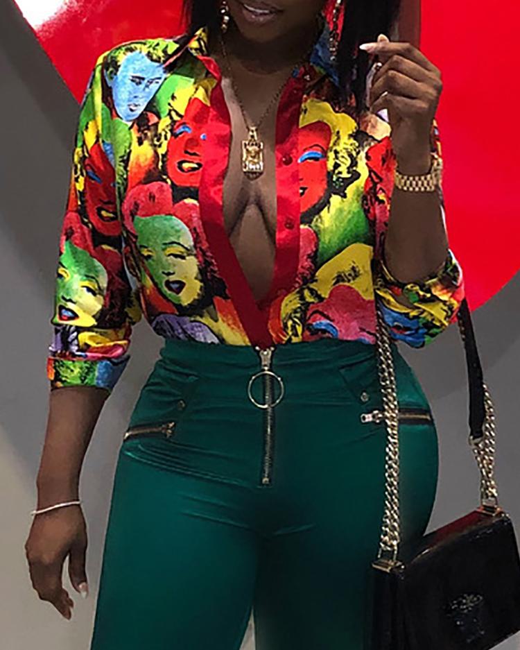

Marilyn Inspired Print Long Sleeve Blouse, Multicolor