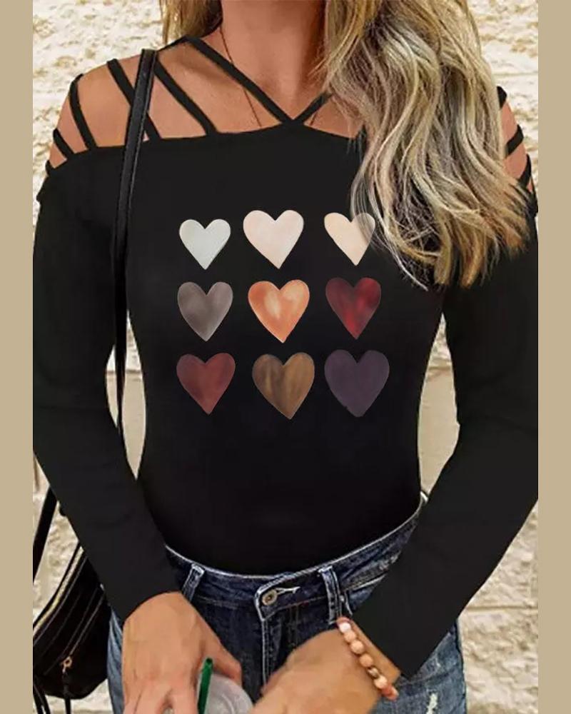 

Valentine' Day Heart Print Cold Shoulder Top, Black