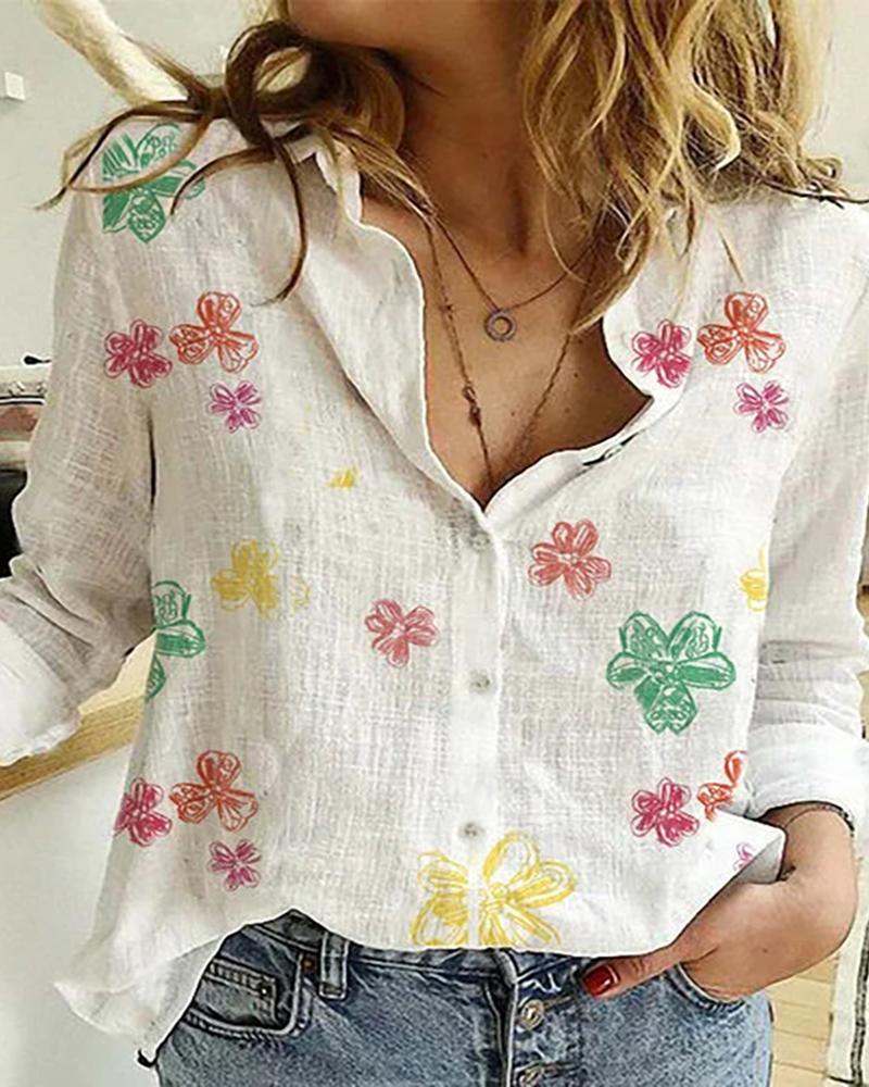 

Floral / Daisy / Tie Dye Print Long Sleeve Casual Shirt, White