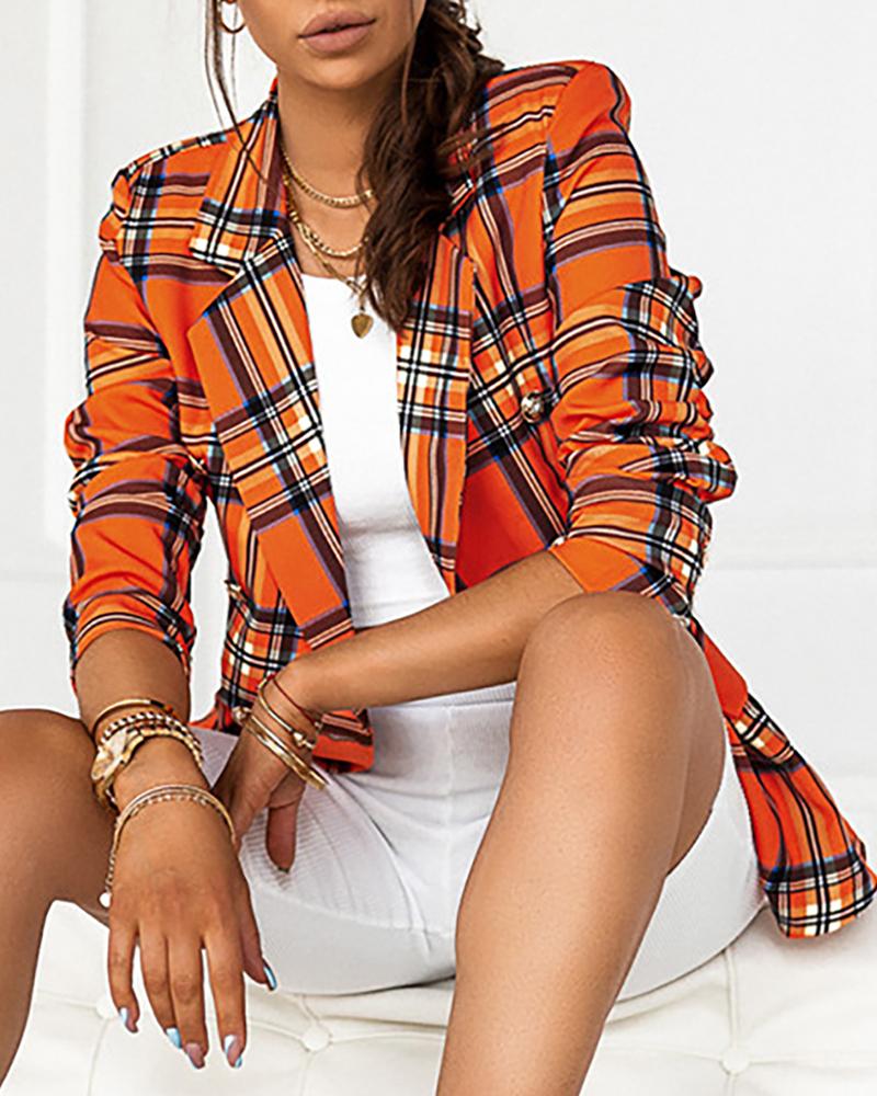 

Plaid Print Colorblock Pocket Decor Buttoned Blazer Coat, Orange