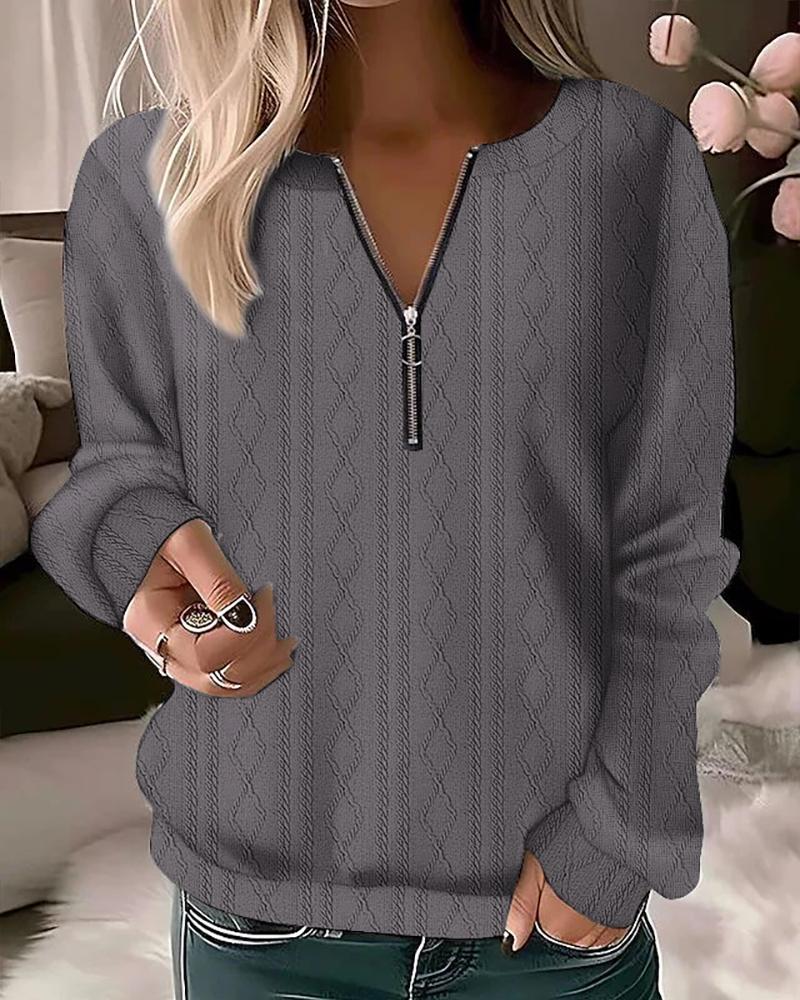 

Cable Textured Zipper Design Sweatshirt, Gray