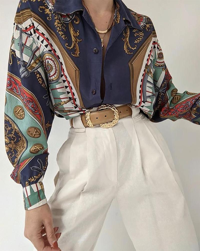 

Scarf Print Button Design Long Sleeve Top, Multicolor