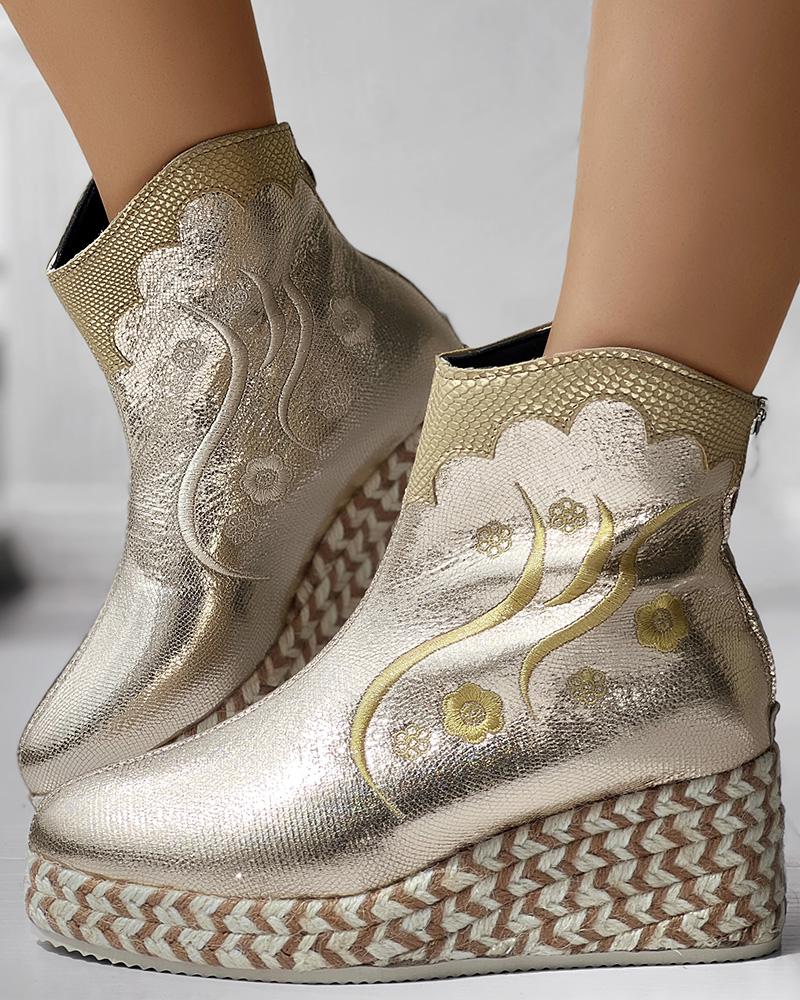 

Metallic Colorblock Floral Embroidery Espadrilles Platform Ankle Boots, Gold