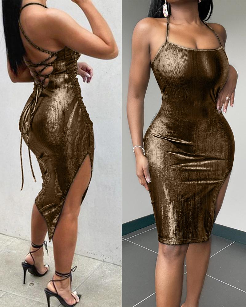 

Backless Slit Metallic Bodycon Dress, Brown