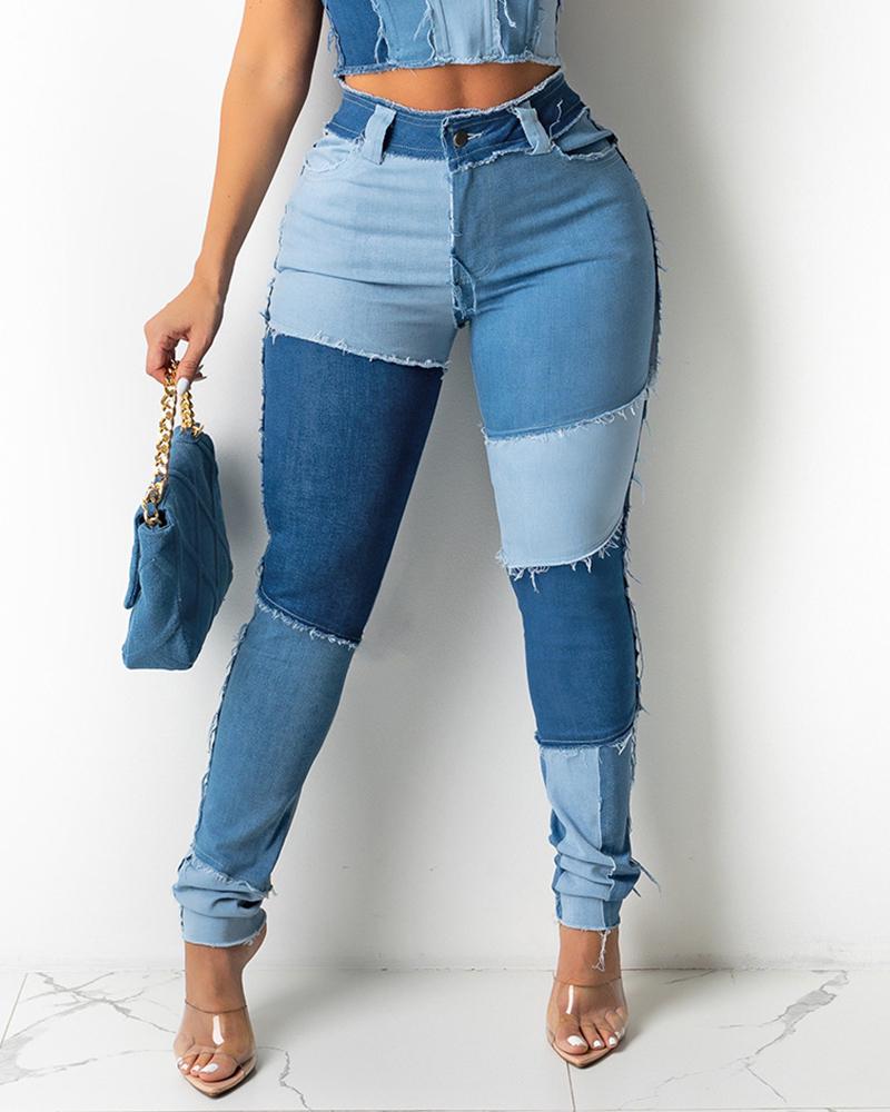 

Colorblock Fringe Hem Pocket Design Jeans, Multicolor