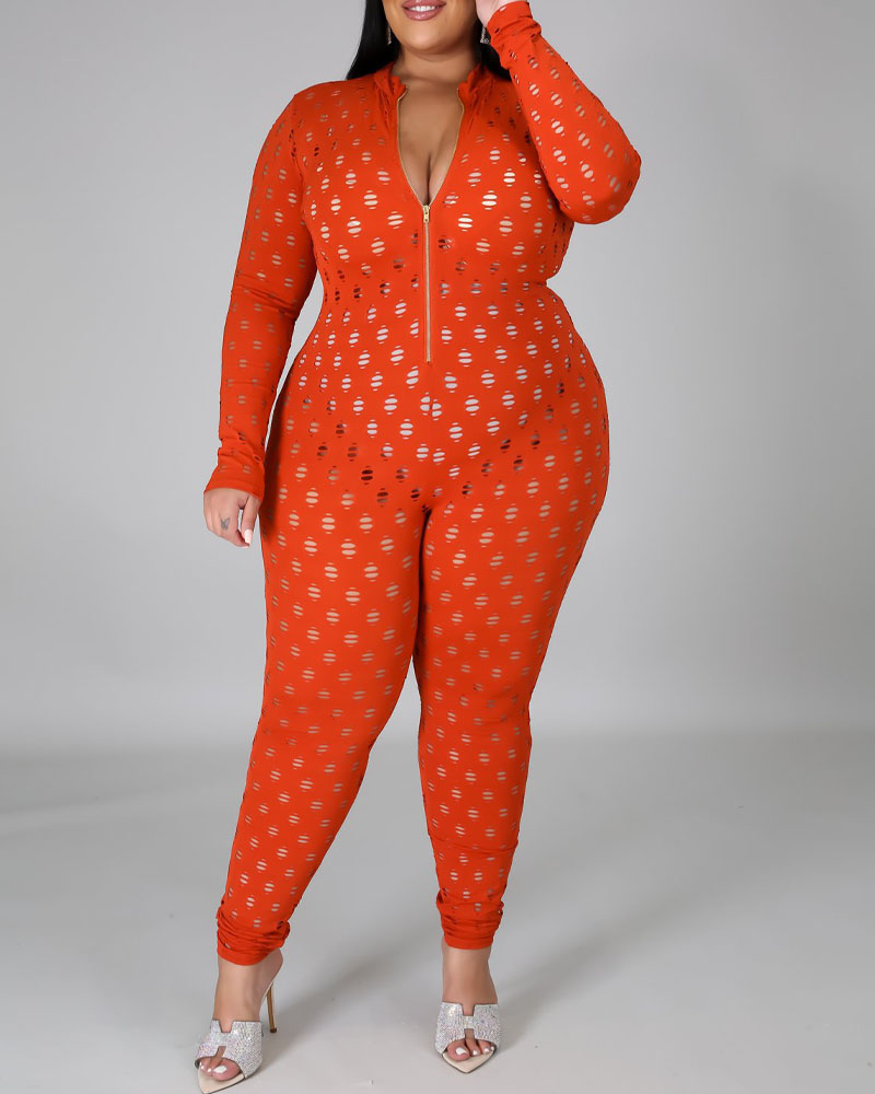 

Plus Size Zip Front Hollow Out Skinny Jumpsuit, Orange