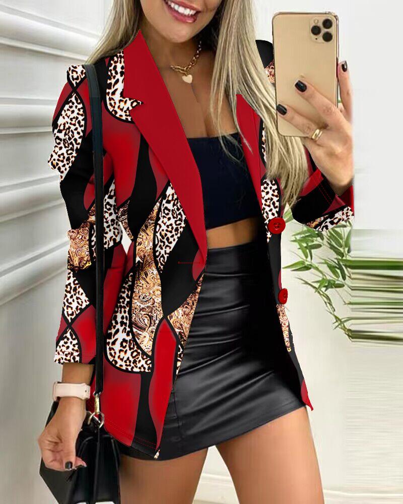 

Baroque Leopard Print Buttoned Blazer Coat, Red