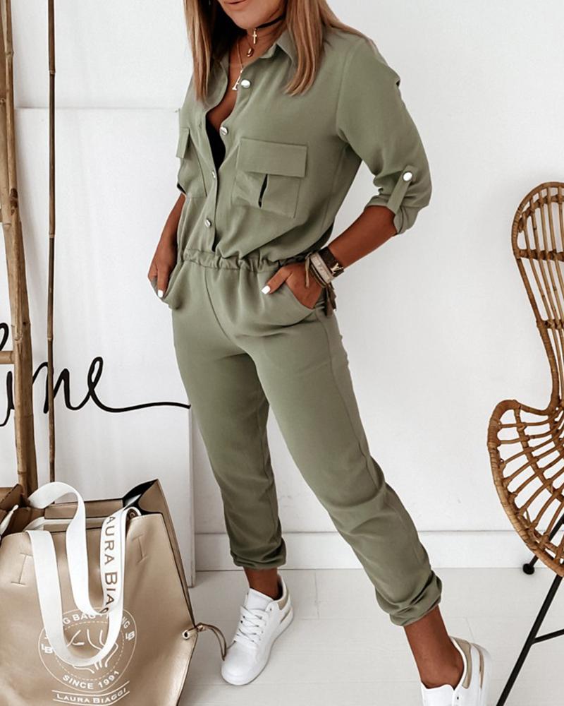 

Pocket Button Design Long Sleeve Jumpsuit, Army green
