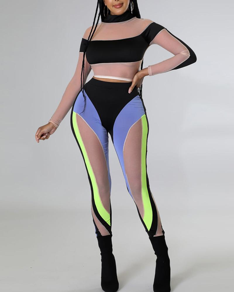 

Contrast Mesh Crop Top & Colorblock Pants Set, Blue