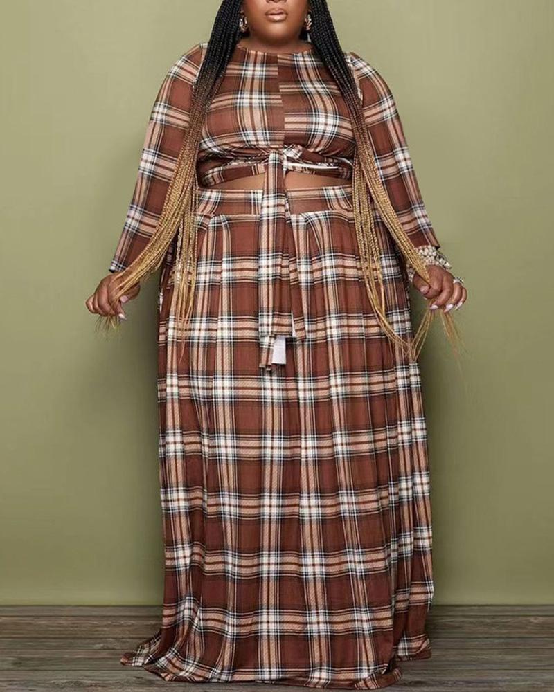 

Plus Size Plaid Print Tied Detail Crop Top & Skirt Set, Coffee