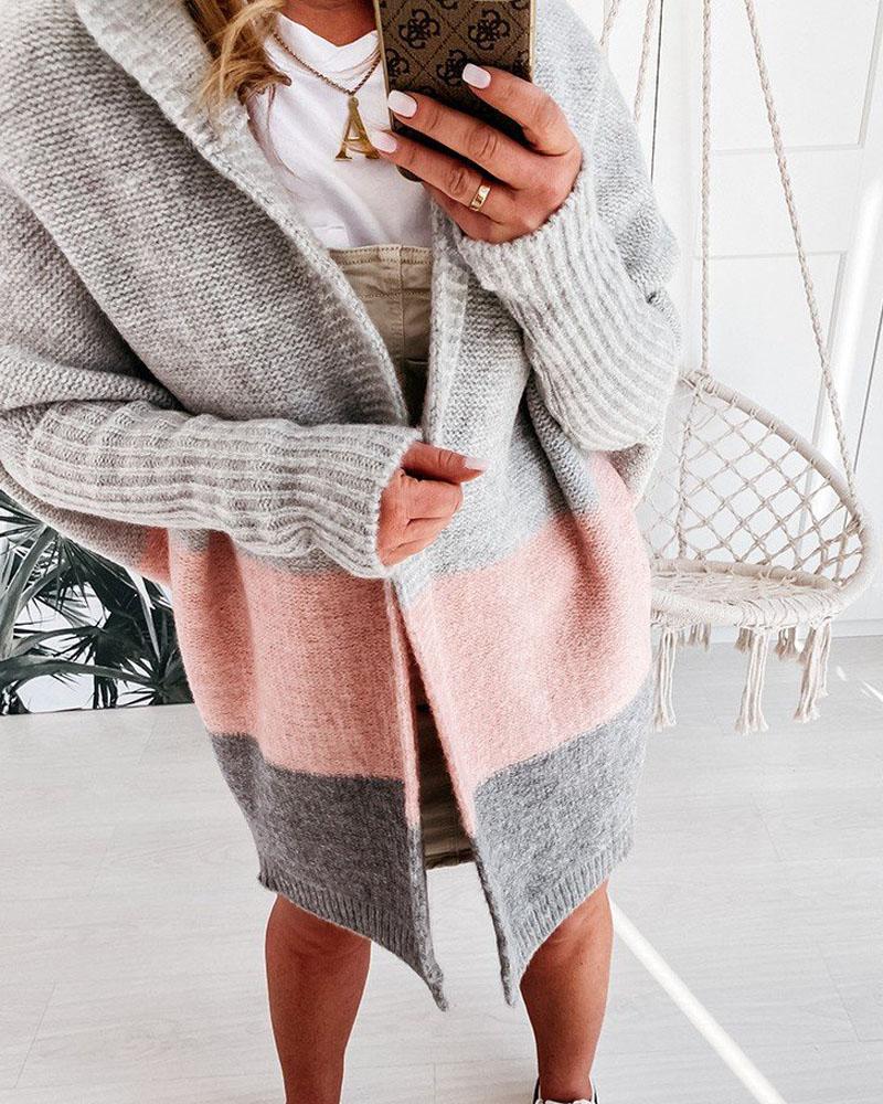 

Color Block Chunky Knit Hooded Cardigan, Pink