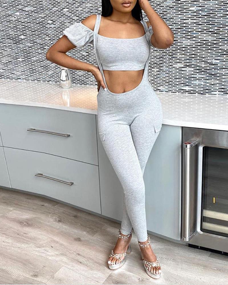 

Off Shoulder Crop Top Grey Leggings Set, Gray