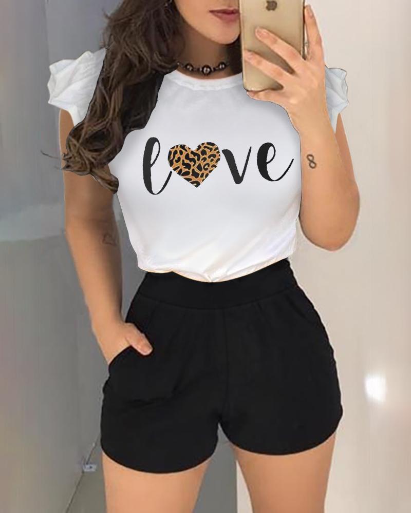 

Letter Print Short Sleeve Top & Plain Shorts Sets, White