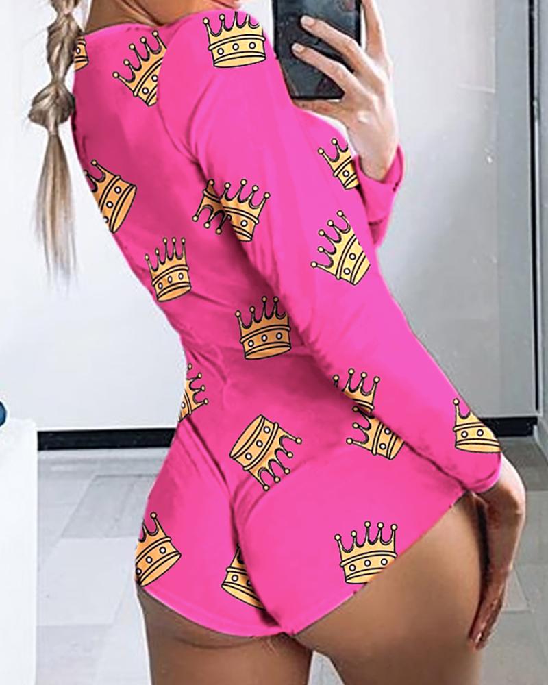 

All Over Cartoon Print Long Sleeve Romper, Hot pink