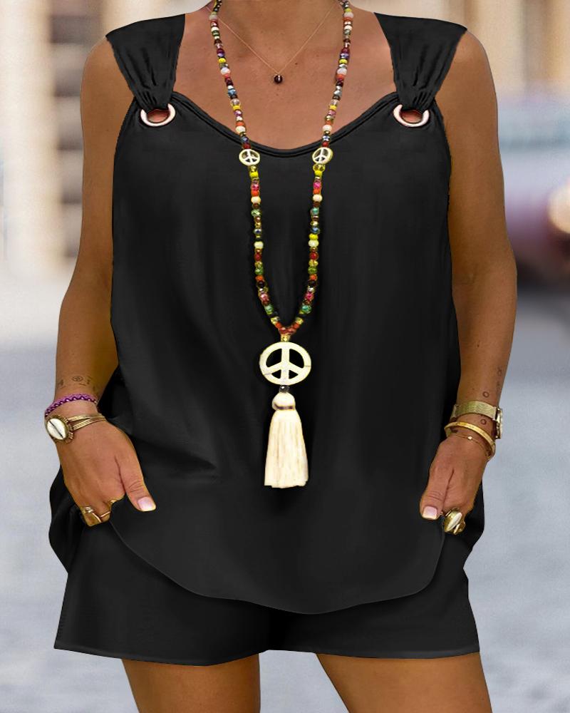 

Plus Size Eyelet Sleeveless Top & Pocket Design Shorts Set, Black