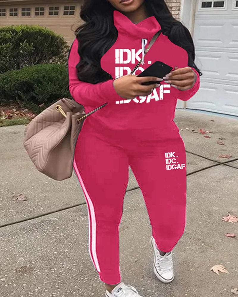 

Plus Size Letter Print Long Sleeve Casual Top & Pants Set, Hot pink