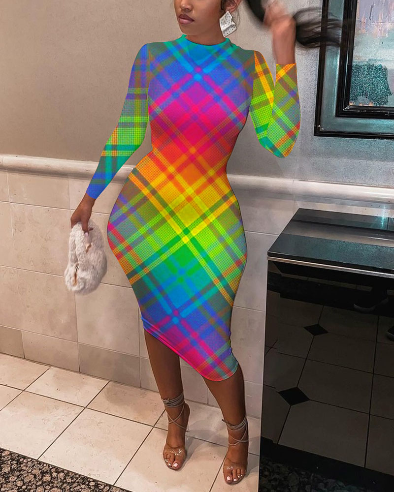 

Rainbow Checker Print Long Sleeve Skinny Dress, Multicolor