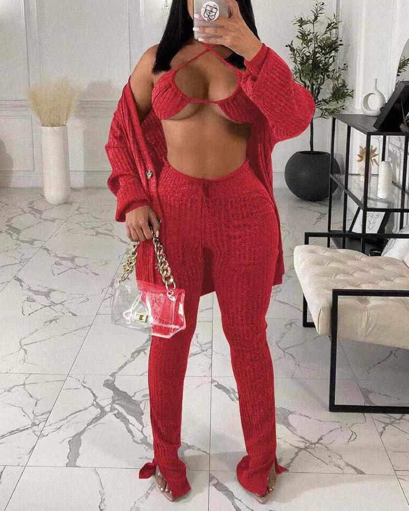 

Lantern Sleeve Buttoned Coat & Drawstring Pants Set With Bralette, Red