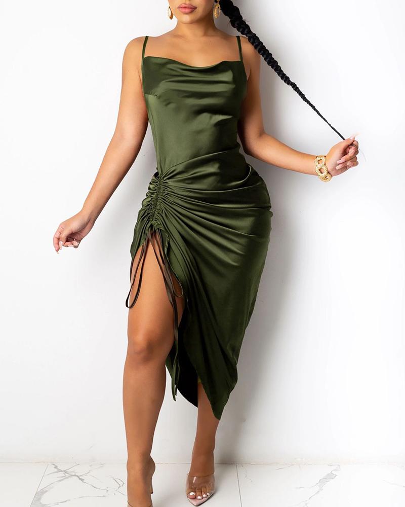 

Drawstring Ruched Satin Sleeveless Maxi Dress, Green