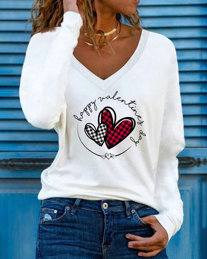 

Valentine' Day Plaid Letter Heart Print Long Sleeve Top, White