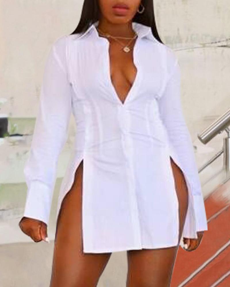 

Slit Buttoned Long Sleeve Shirt Dress, White