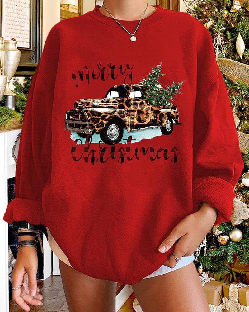 

Christmas Cheetah Car Tree Letter Print Long Sleeve Sweatshirt, Red