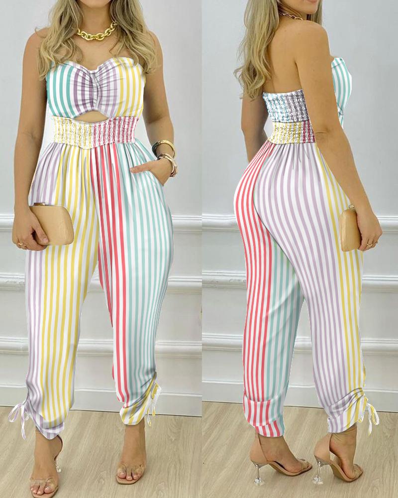 

Colorful Striped Shirred Cutout Bandeau Jumpsuit, Multicolor