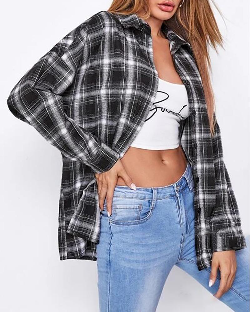 

Button Design Plaid Print Long Sleeve Shirt, Black