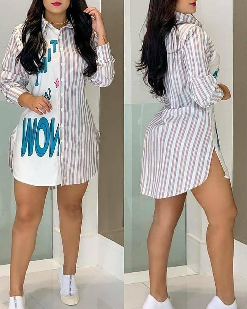 

Letter Striped Long Sleeve Button-up Shirt Dress, White