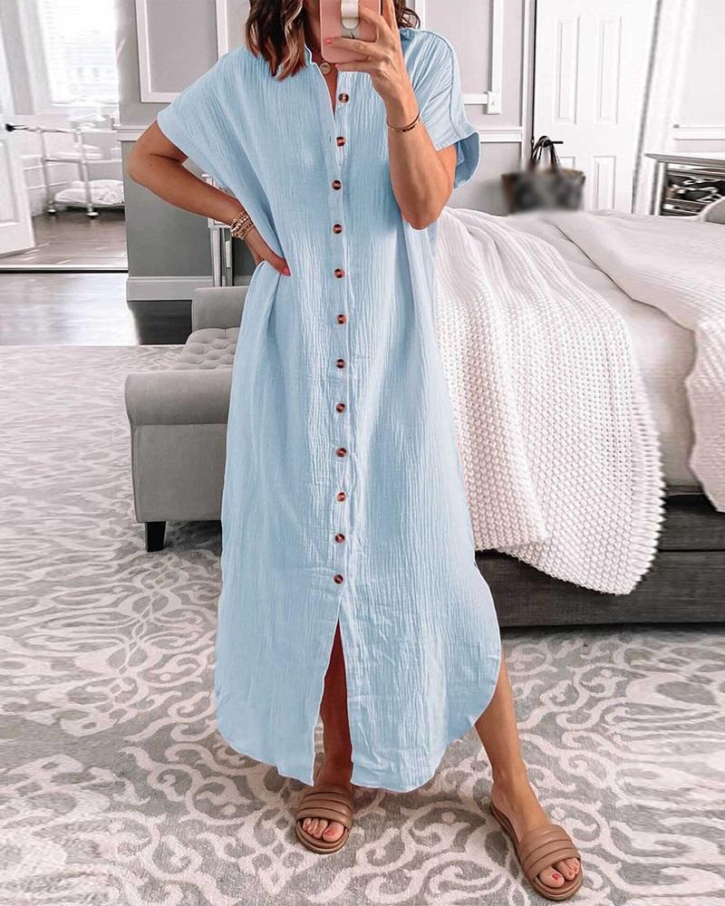 

Short Sleeve Buttoned Slit Casual Dress, Blue