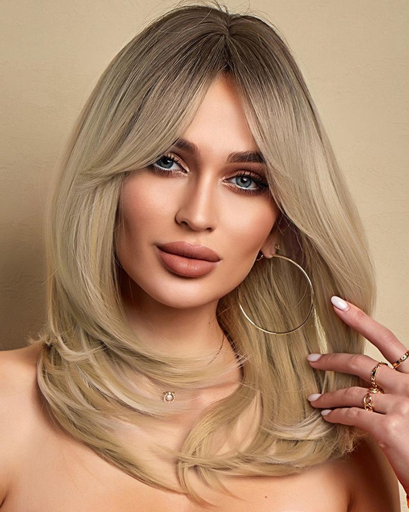 

Grey Mix Blonde Long Straight Synthetic Hair Wig With Bangs, Style1