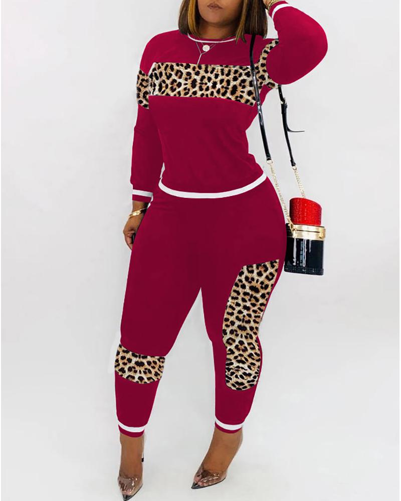 

Solid Patchwork Leopard Long Sleeve Top & Pant Sets, Wine red