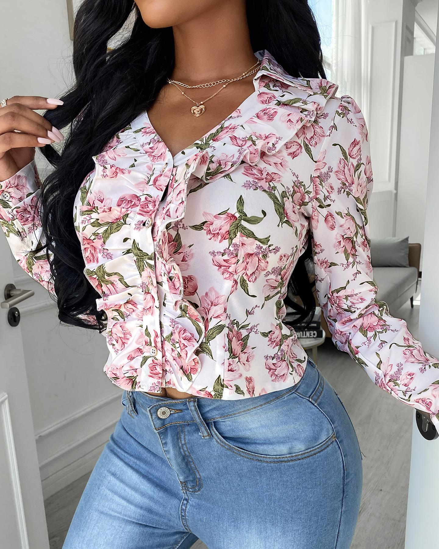 

Floral Print Long Sleeve Ruffle Hem Top, White