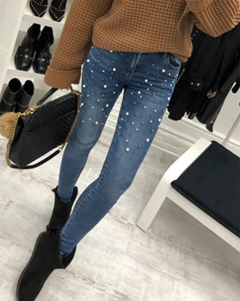 

Single Button Beaded Pocket Design Jeans, Blue