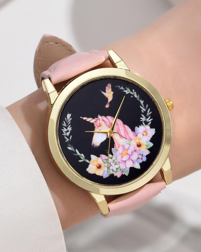 

Animal Floral Pattern PU Leather Strap Quartz Watch & Bracelet Set, Pink