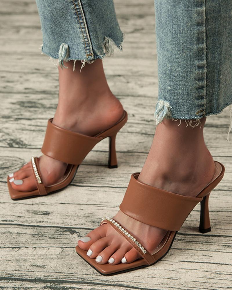 

Solid Banded Patch Sqaure-toe High Heel Sandals, Brown