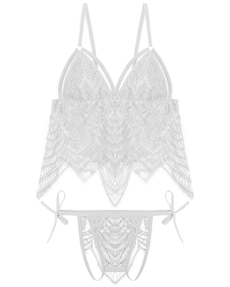 

Eyelash Lace Bowknot Decor Lingerie Set, White