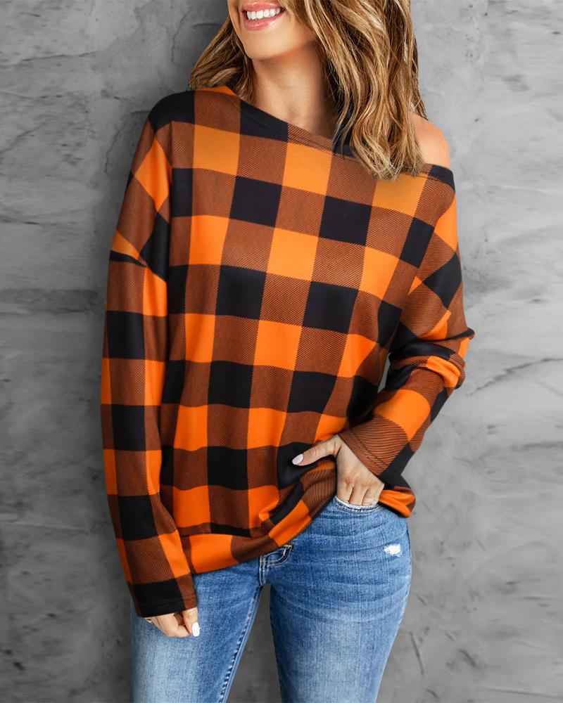 

Plaid Print Long Sleeve Top, Orange