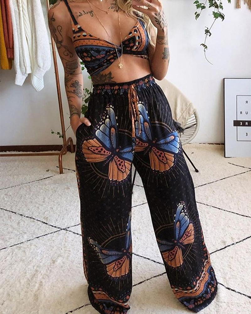 

Conjunto de pantalones con diseño de bolsillo y top corto retorcido con estampado geométrico de mariposas, Black