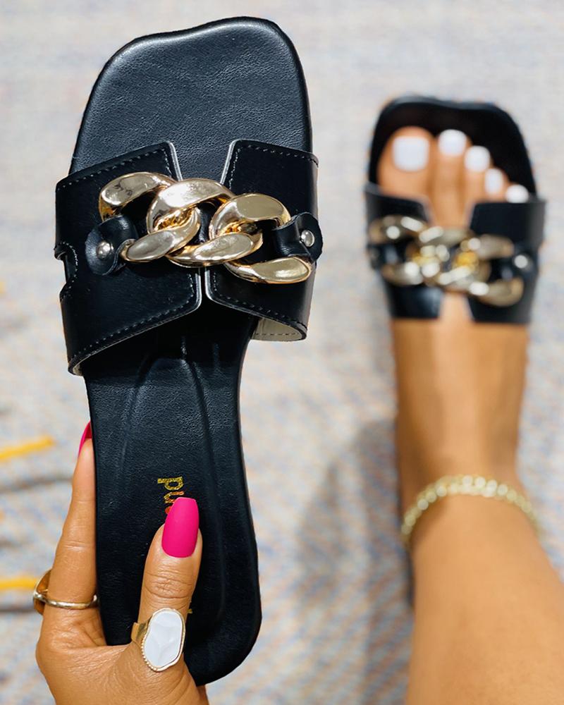 

Chain Decor Square Toe Flat Sandals, Black