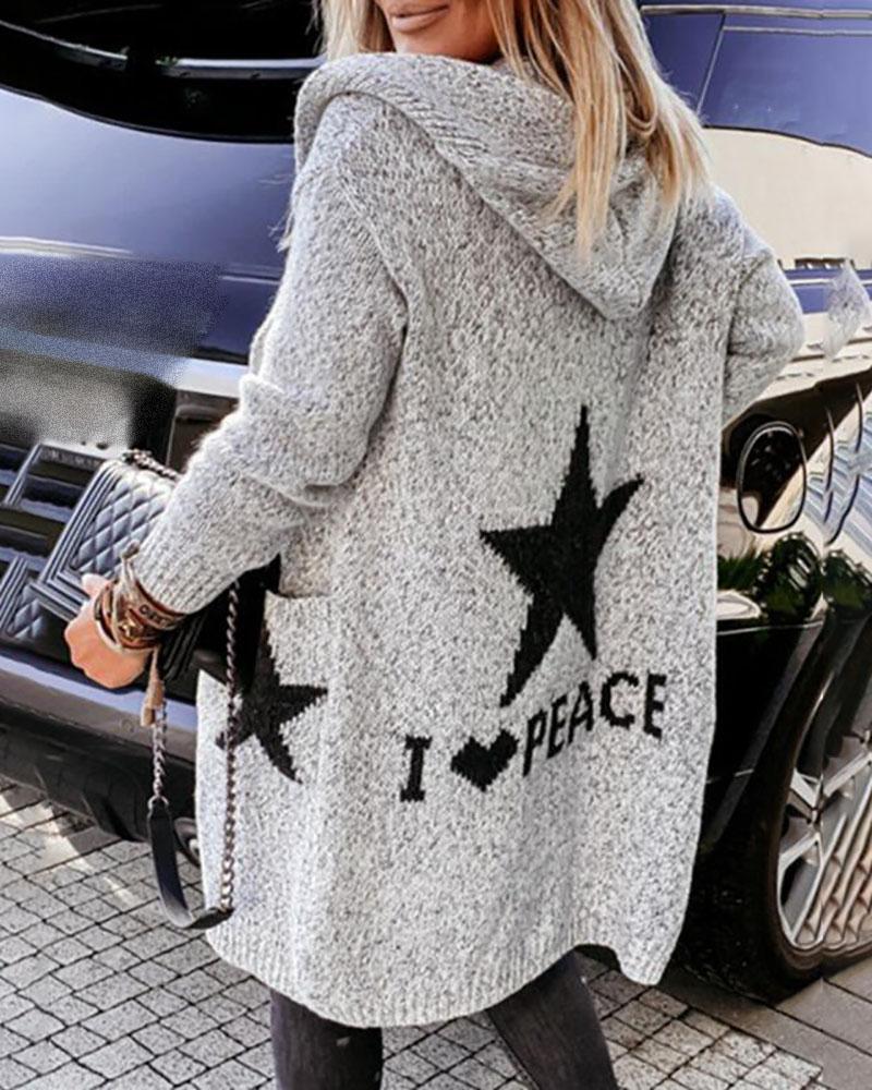 

Pocket Design Star Print Hooded Knit Cardigan, Gray