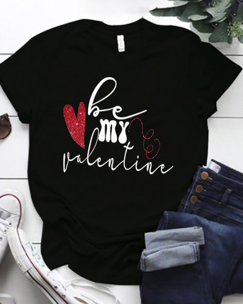 

Valentine' Day Letter Heart Print Short Sleeve Top, Black