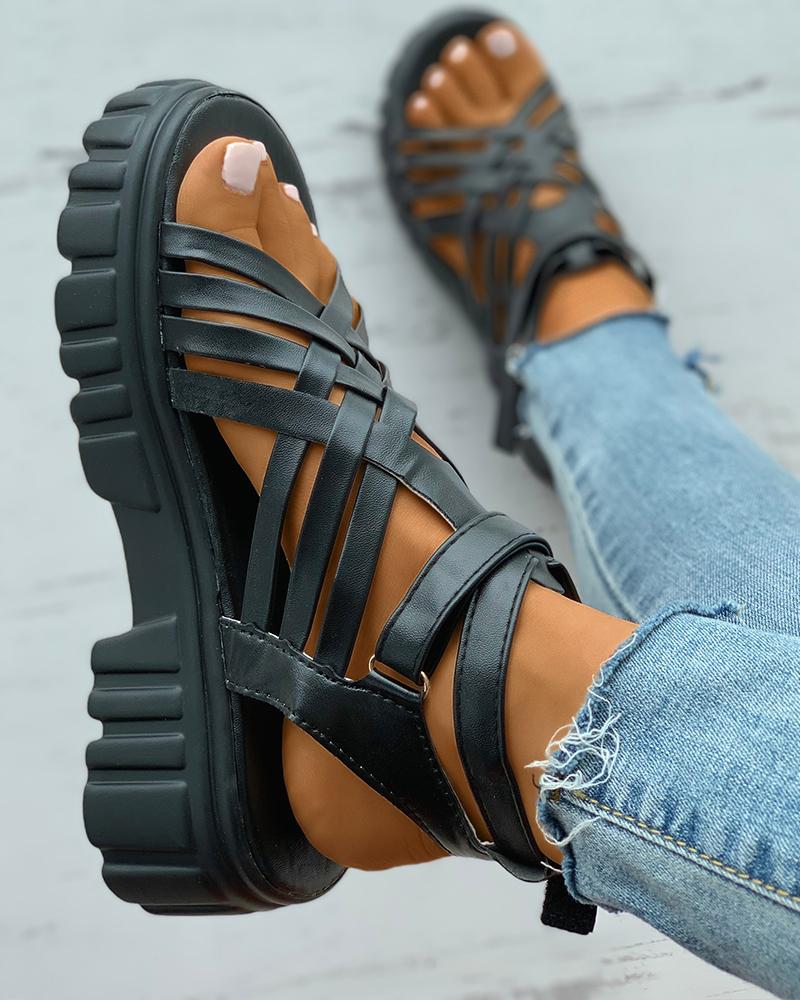 

Braided Velcro Ankle Strap Flatform Sandals, Black