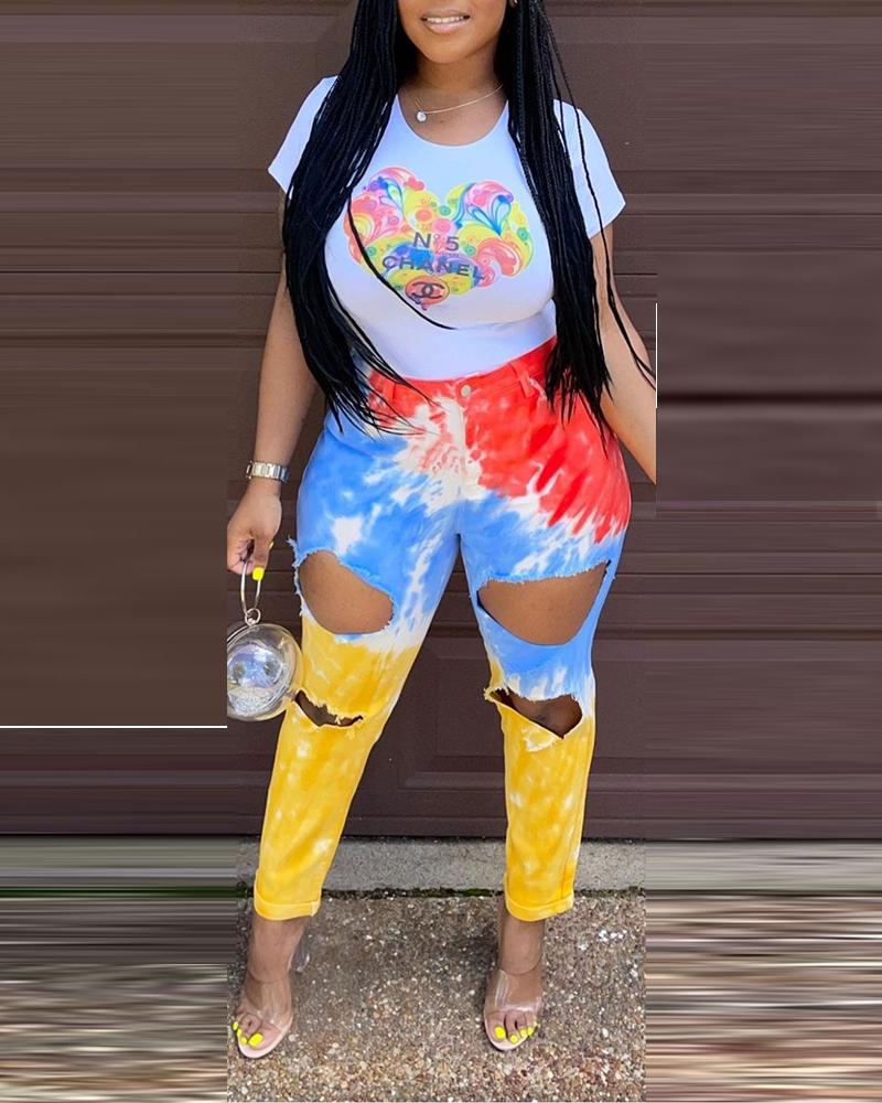 

Tie Dye Zipper Fly Cut-Out Ripped Jeans, Multicolor