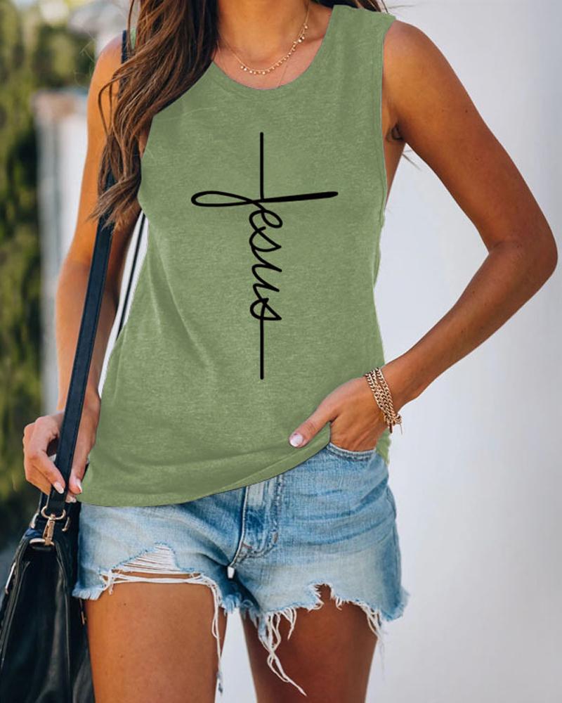 

Letter Cross Print Casual Tank Top, Light green