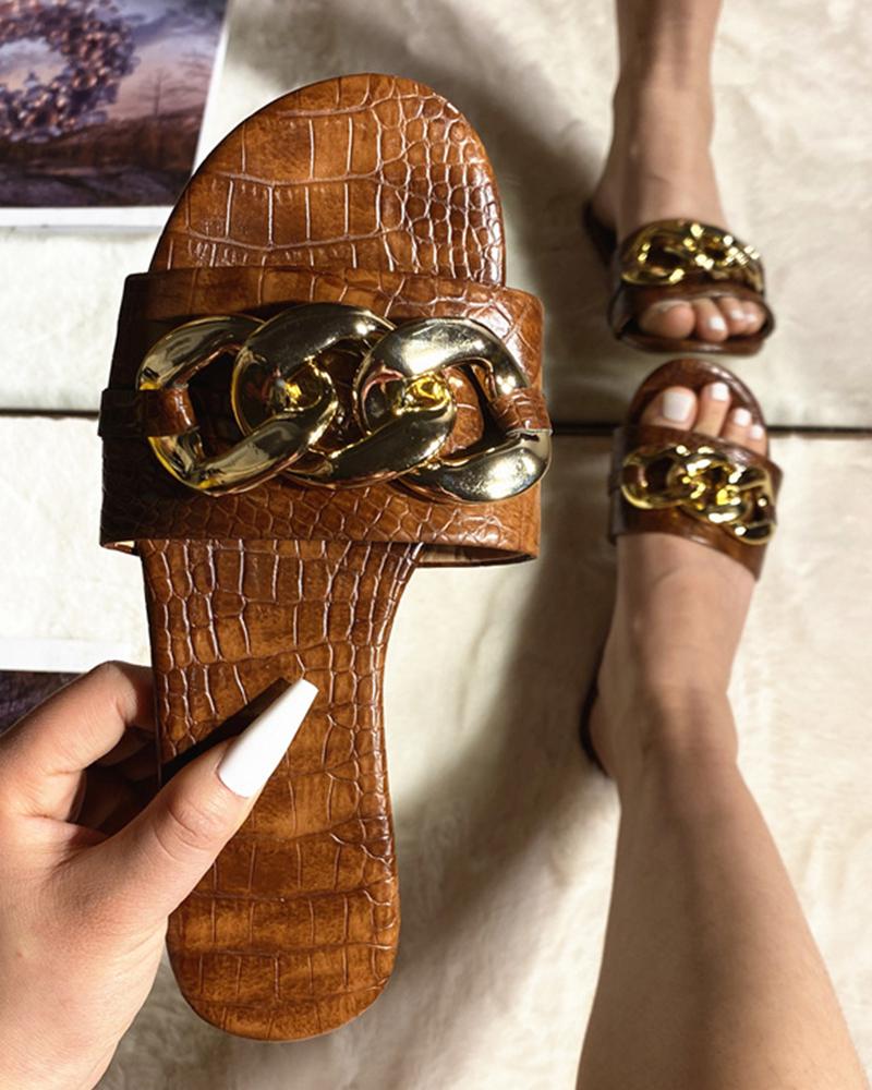 

Metallic Chain Patchwork Round-toe Flat Sandals, Dark brown